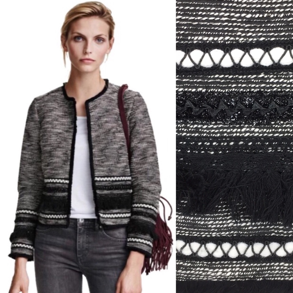H&M Tweed Fringed Jacket Black & White Sz 8